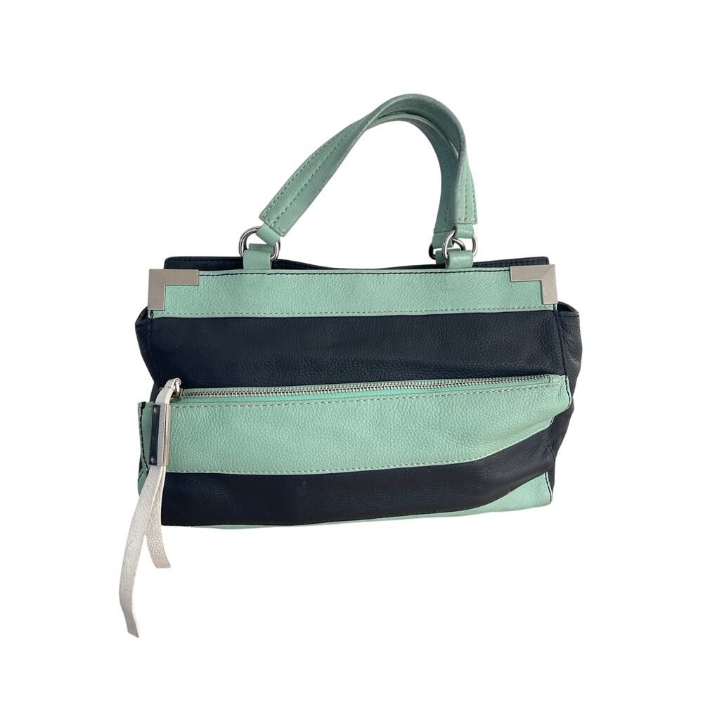 B. Makowsky pebbled leather satchel bag mint green  blue silver-tone hardware